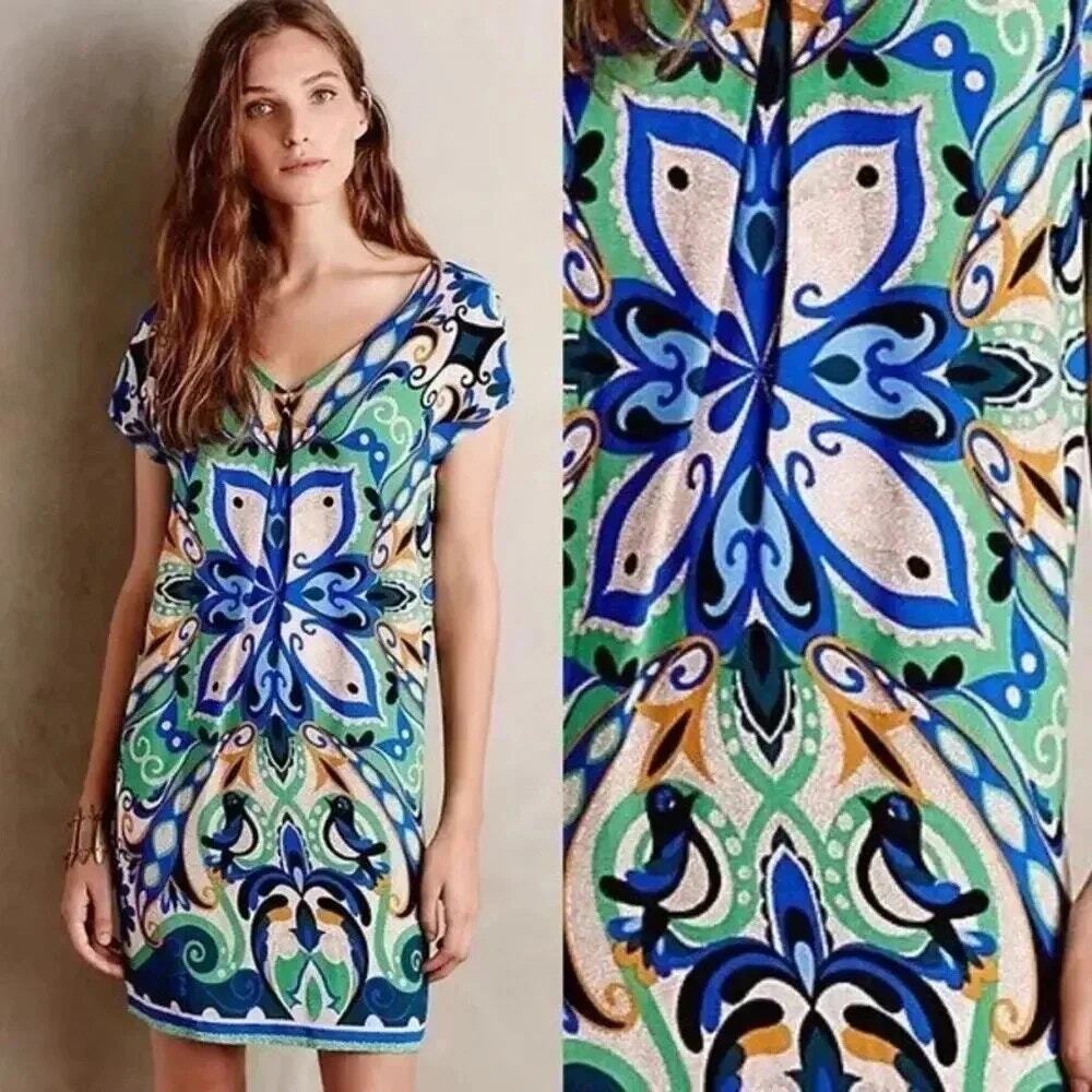 Anthro Maeve Dress Folksong Folklore Boho Retro Floral Bird Novelty Green Size S